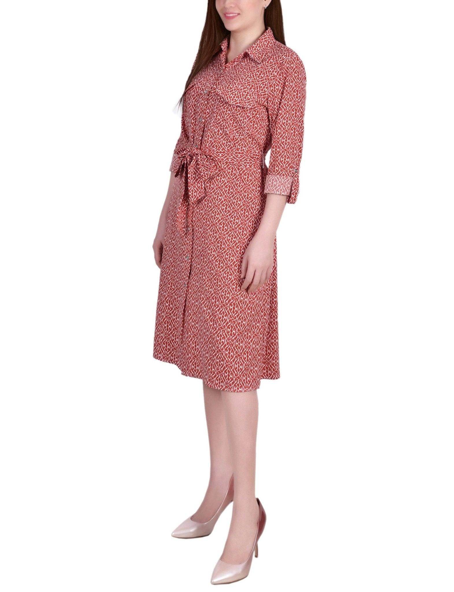 3/4 Roll Tab Sleeve Belted Shirtdress - Petite Product Image