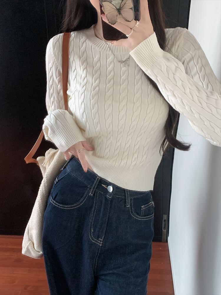 Crew Neck Plain Cable Knit Sweater Product Image