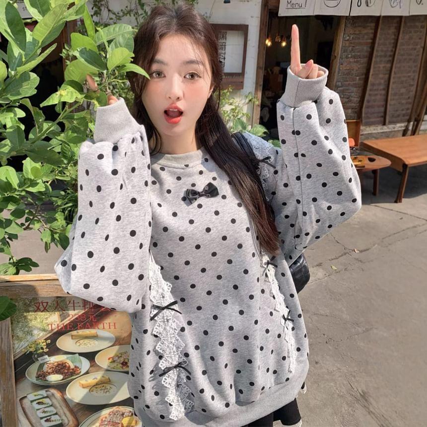 Round Neck Bowknot Polka Dot Lace Trim Oversized Sweatshirt Product Image