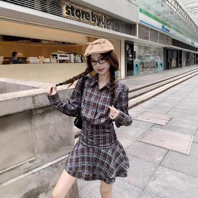 Long-Sleeve Collared Plaid Ruched Layered Half-Buttoned Mini A-Line Dress Product Image