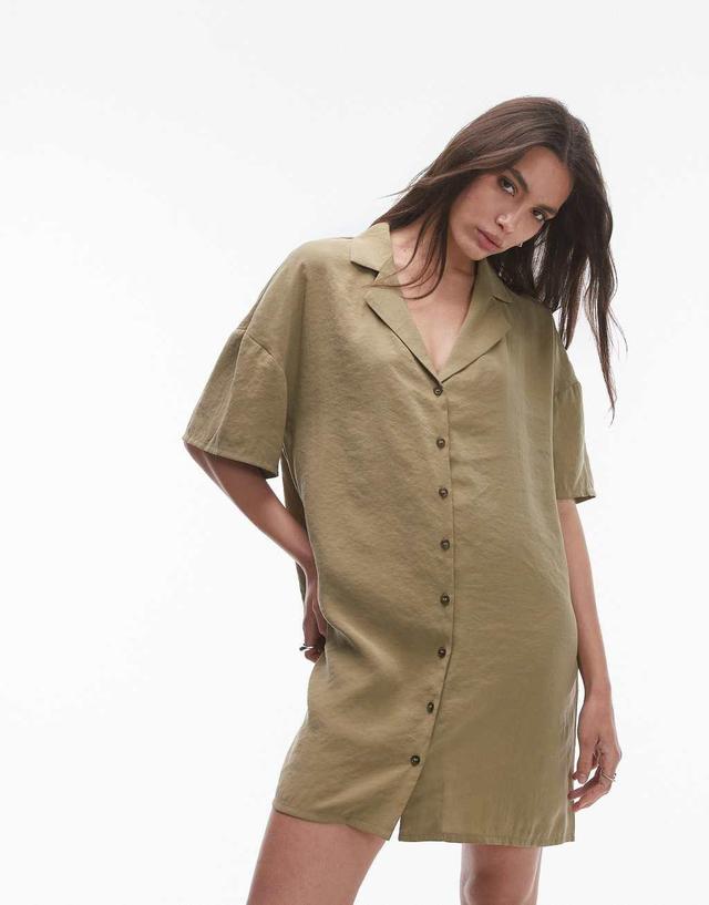 Topshop button down mini shirt dress in khaki Product Image