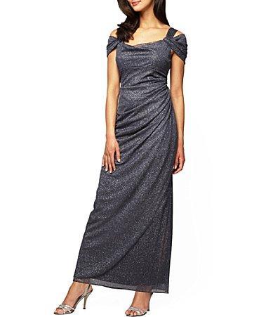 Alex Evenings Cold Shoulder Ruffle Glitter Evening Gown Product Image