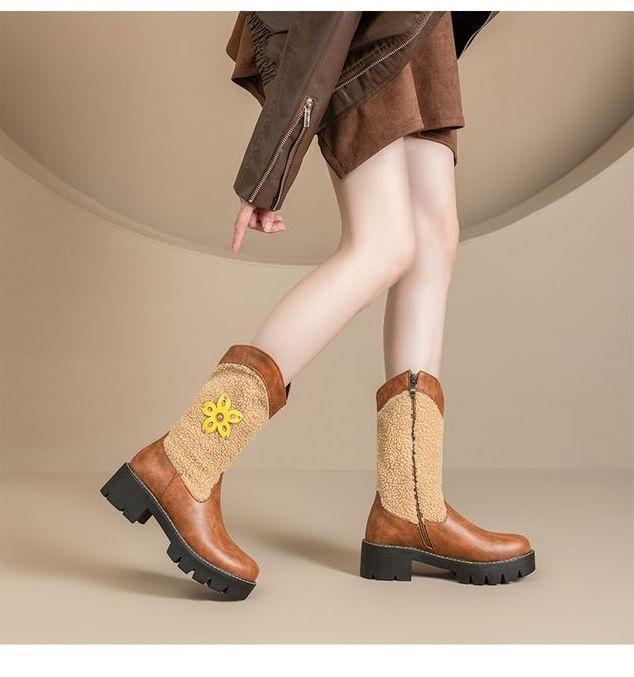 Platform Fleece Panel Floral Applique Zip-Up Faux Leather Short Boots Product Image