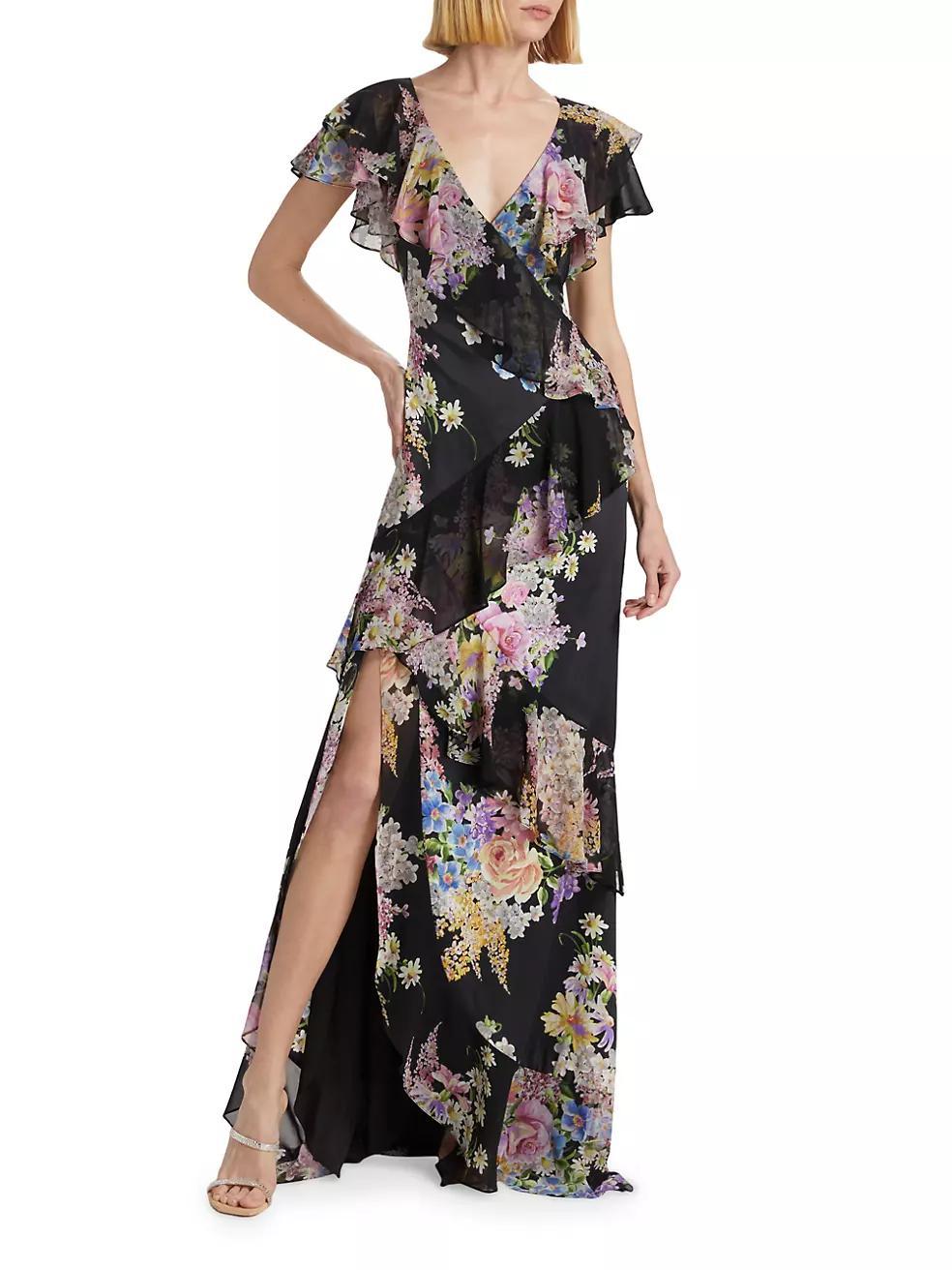 Floral Chiffon Diagonal Ruffle Gown Product Image