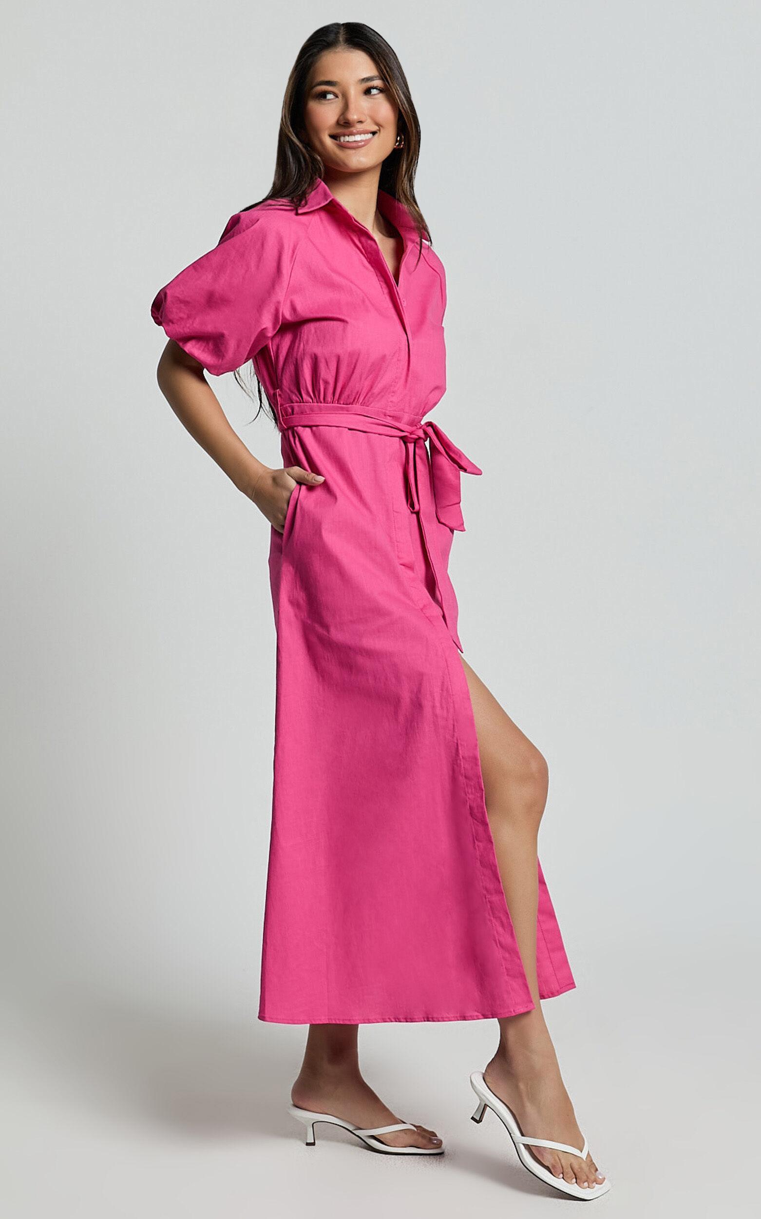 Jesse Midi Dress - Puff Sleeve Collared Shirt Dress in Hot Pink Product Image