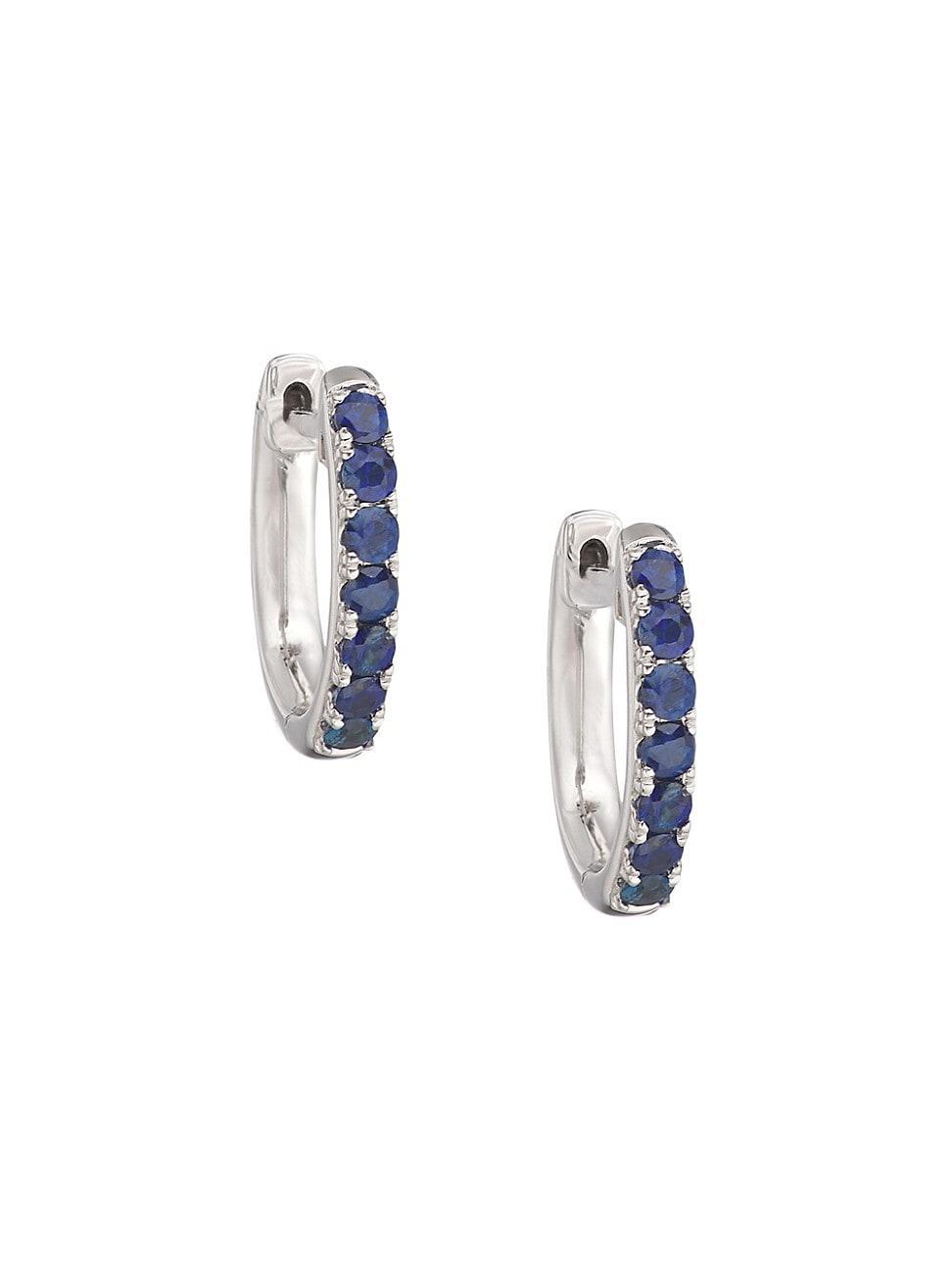 Womens 14K White Gold & Sapphire Huggie Hoop Earrings Product Image