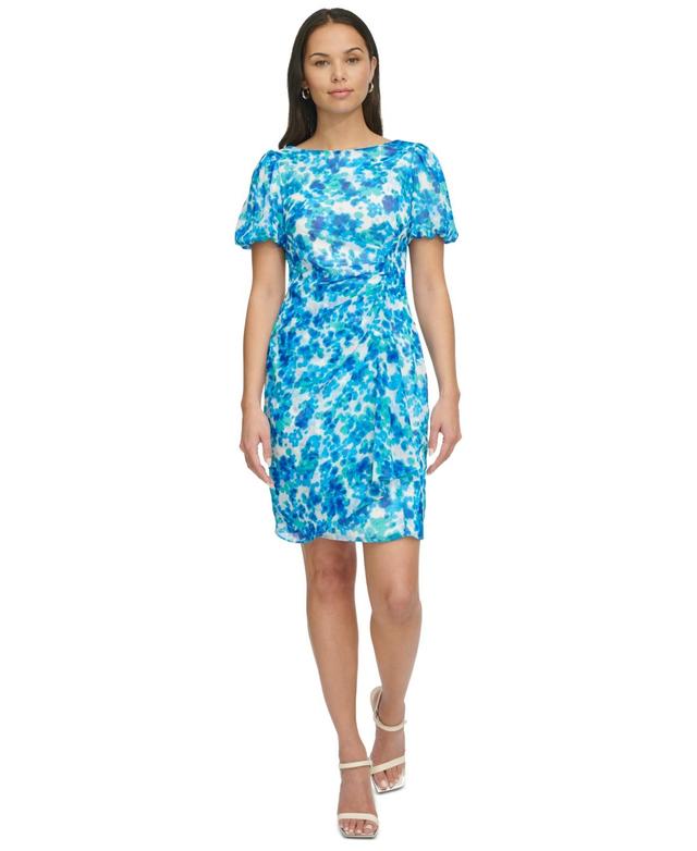 Dkny Womens Printed Boat-Neck Bubble-Sleeve Sheath Dress Product Image