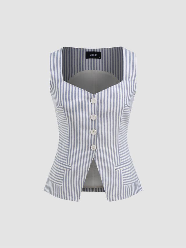 Cotton-blend Sweetheart Neckline Striped Button Jacket Vest Product Image