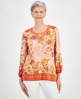 Jm Collection Womens Printed Long Sleeve Hardware-Trim Keyhole Top, Created for Macys Product Image