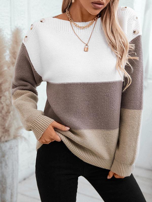 Long Sleeves Loose Buttoned Contrast Color Split-Joint Boat Neck Pullovers Sweater Tops product image