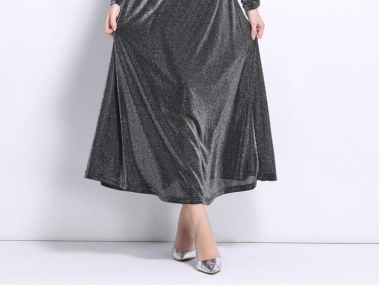 Long Sleeve V-Neck Plain Glitter Twist Maxi A-Line Dress Product Image