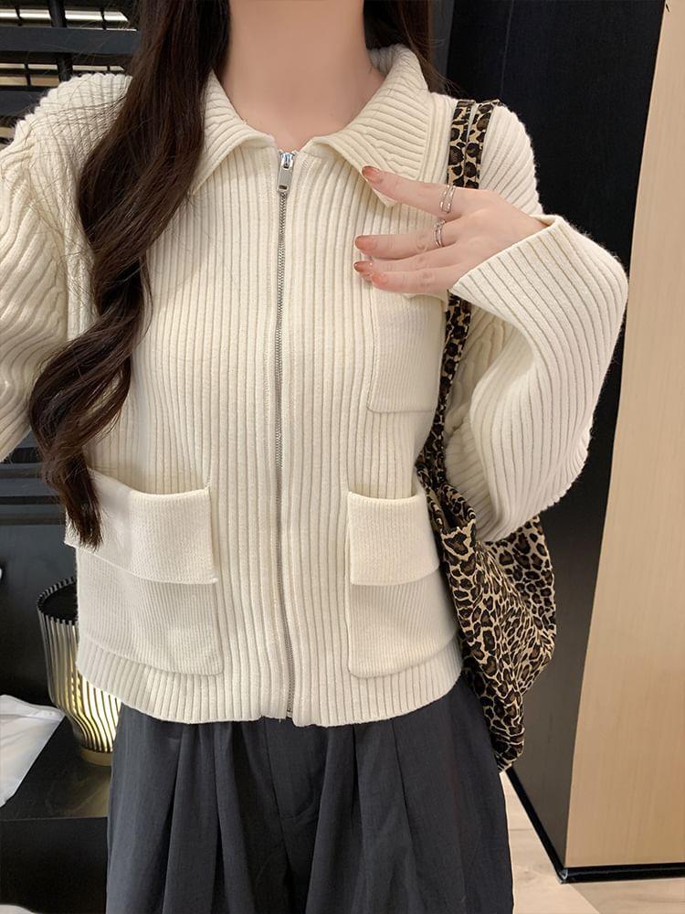 Long-Sleeve Collar Plain Ribbed Zip Knit Top Product Image