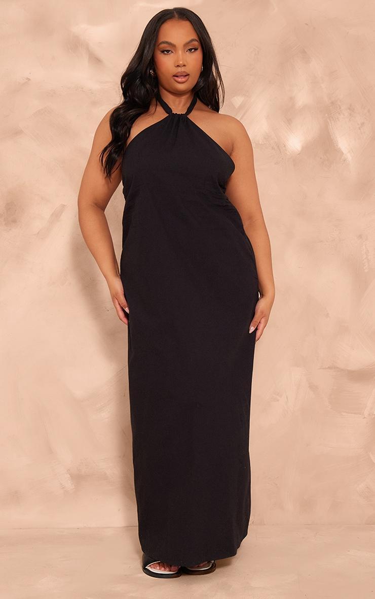 Plus Black Linen Look Knot Halterneck Maxi Dress Product Image