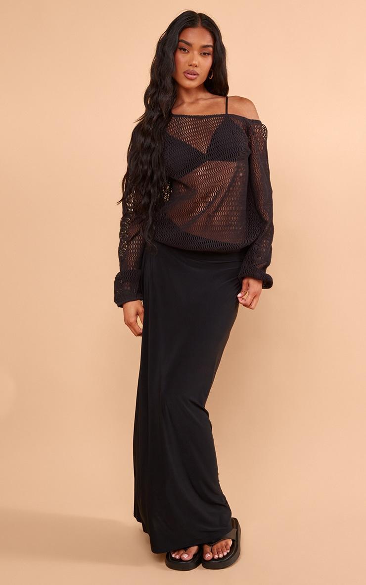 Black Textured Knit Off The Shoulder Long Top Product Image