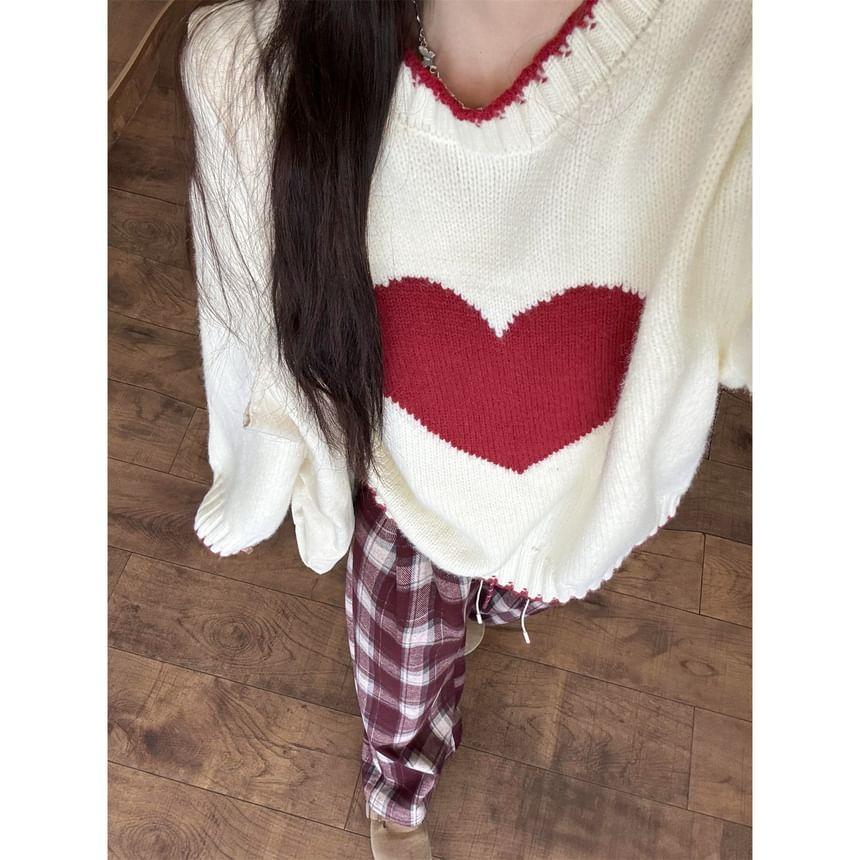 Crew Neck Heart Jacquard Sweater Product Image