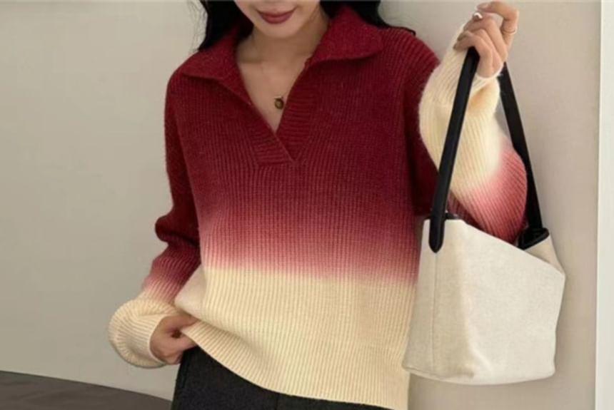 Long-Sleeve Polo-Neck Ombre Sweater Product Image