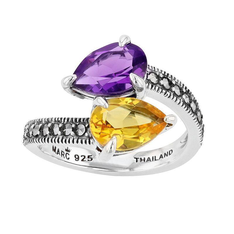 Lavish by TJM Sterling Silver Simulated Amethyst & Simulated Citrine with Marcasite 2-Stone Ring, Womens Multicolor Product Image