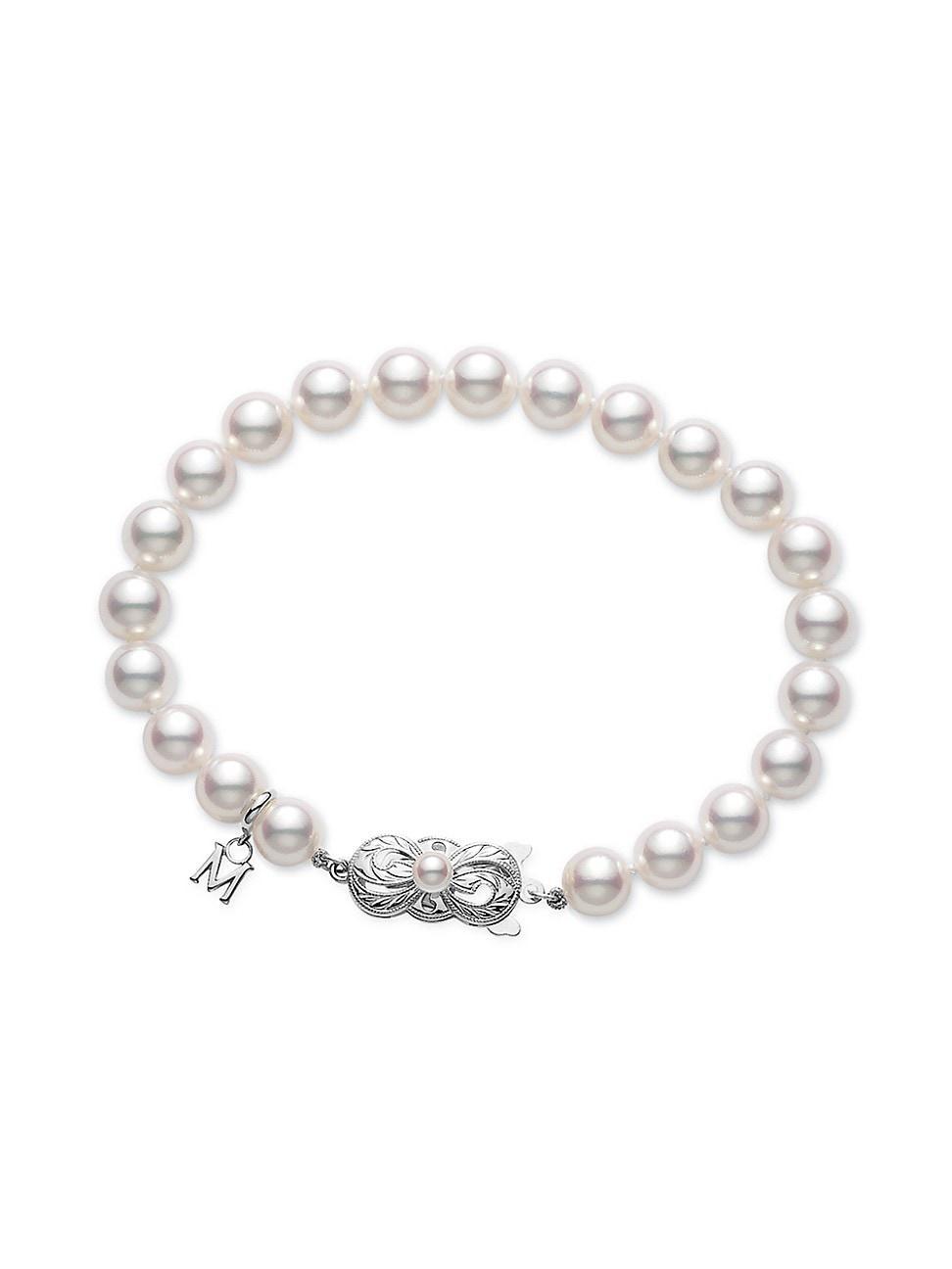 Womens 6.5MM-7MM White Cultured Akoya Pearl & 18K White Gold Strand Bracelet Product Image