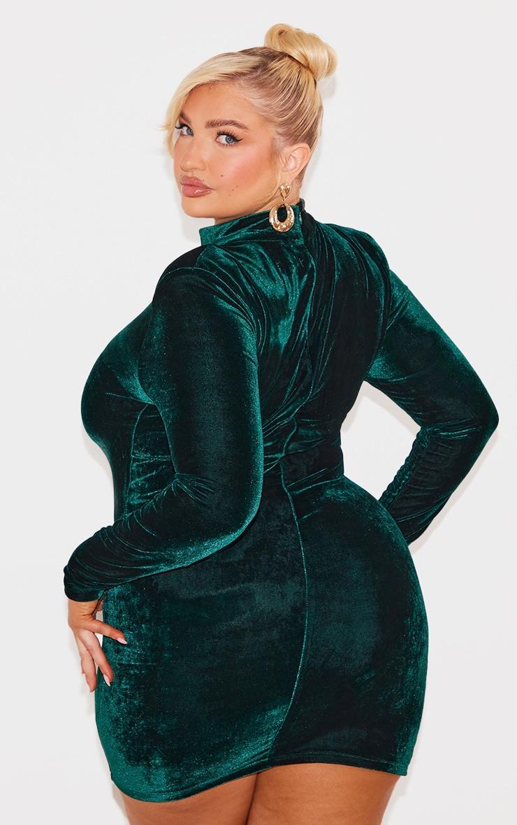 Plus Emerald Green Velour High Neck Long Sleeve Mini Dress Product Image