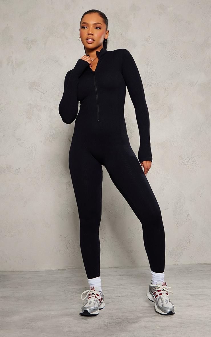 Black Structured Contour Rib Zip Jumpsuit Product Image