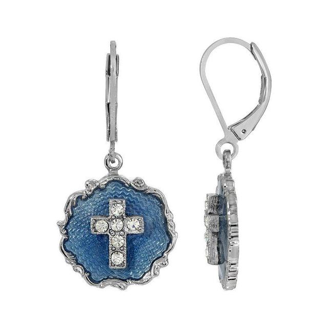 Symbols of Faith Silver-Tone Blue Enamel Crystal Cross Round Earrings, Womens Product Image