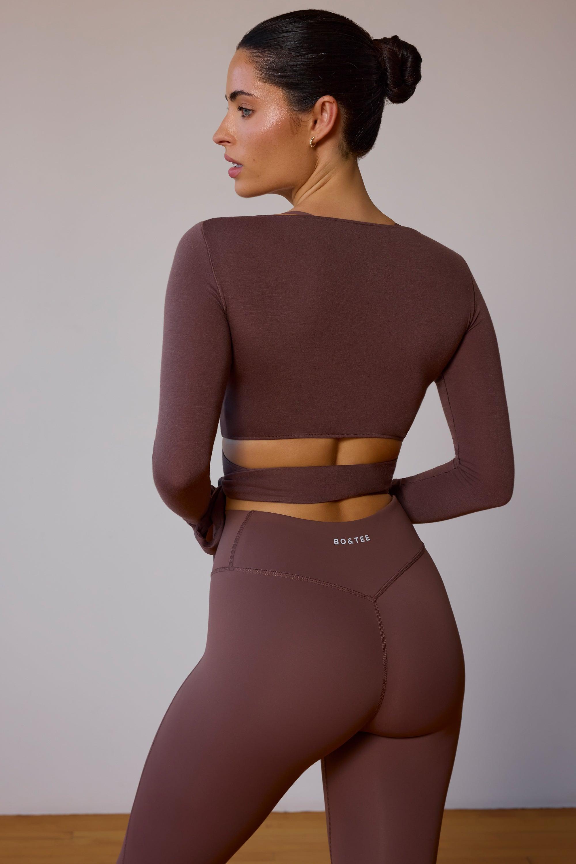 Long-Sleeve Wrap Crop Top in Taupe Brown Product Image