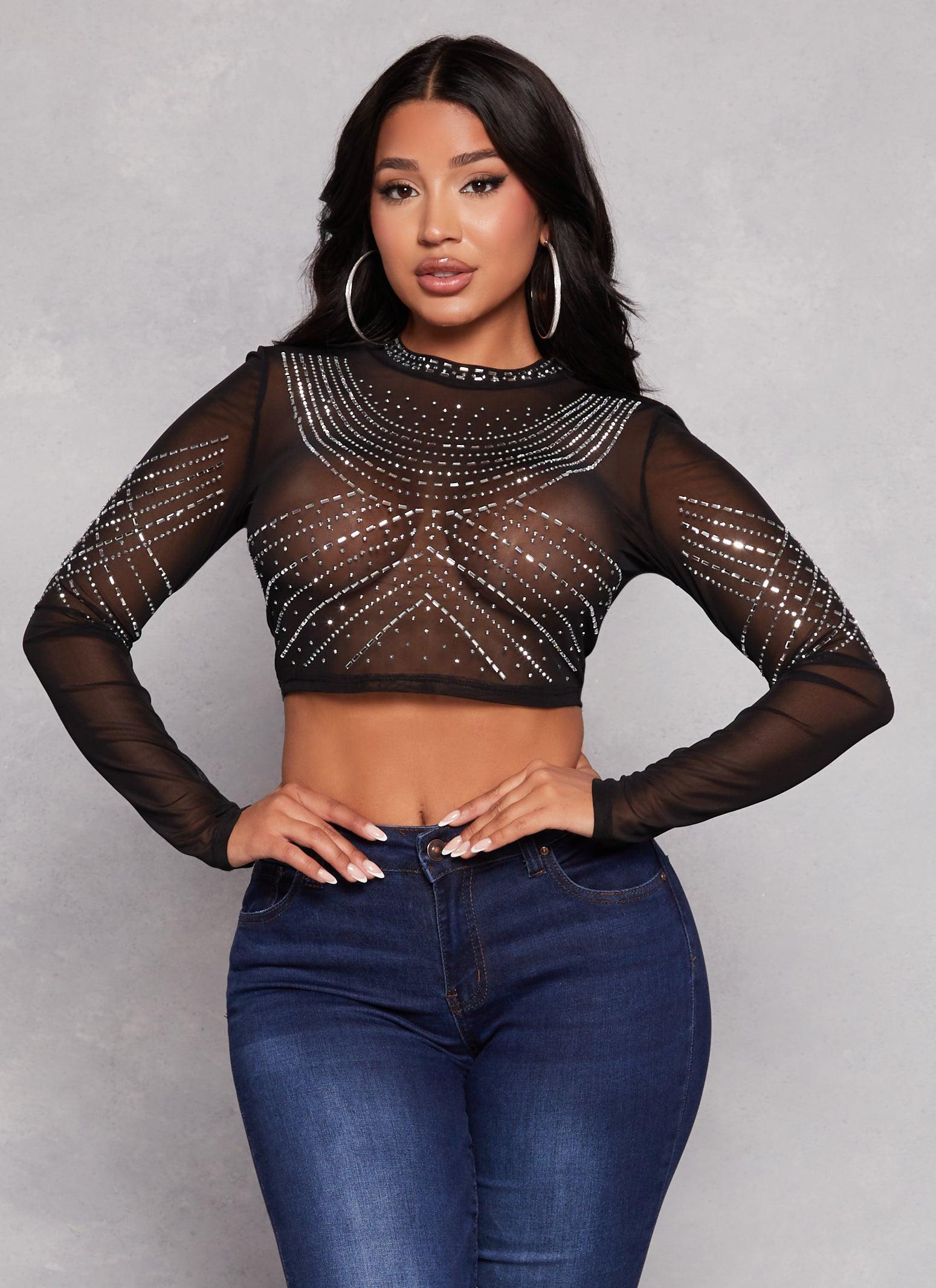 Womens Mesh Rhinestone Mock Neck Crop Top Product Image