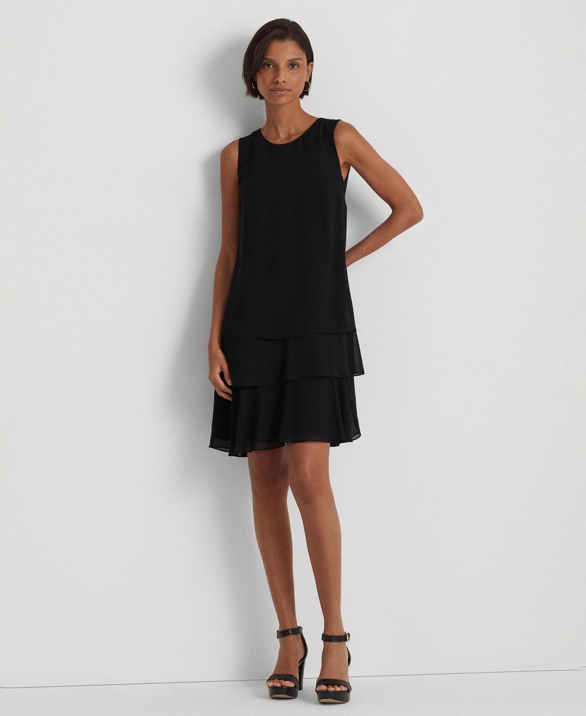 LAUREN Ralph Lauren Crinkle Georgette Shift Dress (Black) Women's Clothing Product Image