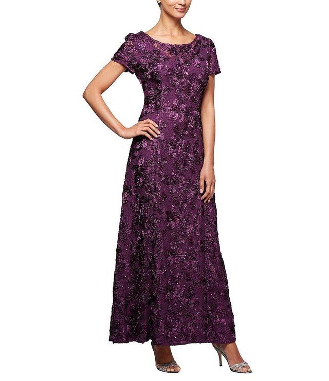 Alex Evenings Sequin Floral Lace Ribbon Rosette Round Neck Short Sleeve Gown Product Image