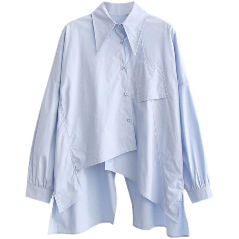 Long Sleeve Collared Plain Oversized Shirt Product Image