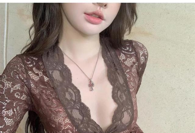 Long-Sleeve V-Neck Lace Slim Fit Top Product Image