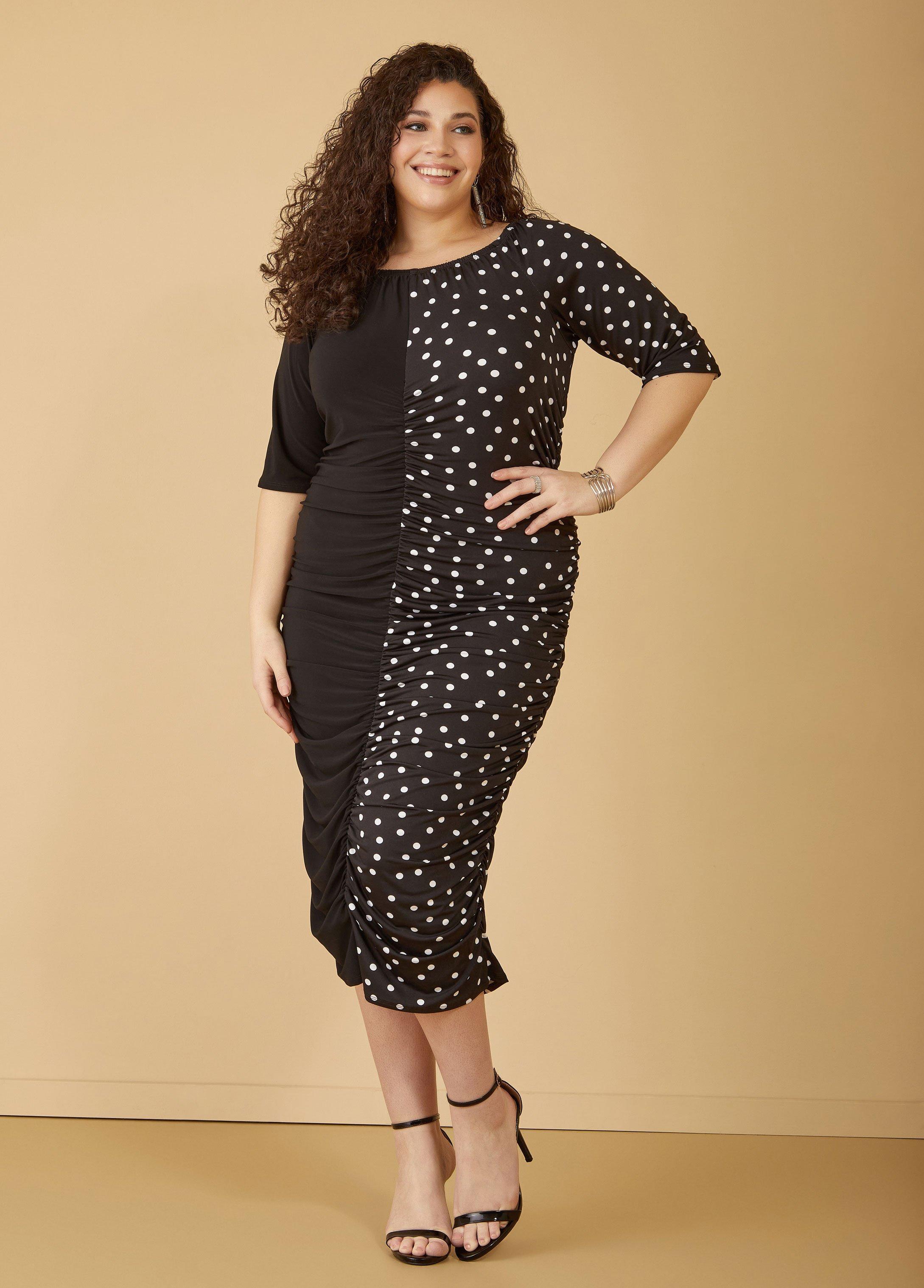 Plus Size Ruched Polka Dot Midi Dress Ashley Stewart Product Image