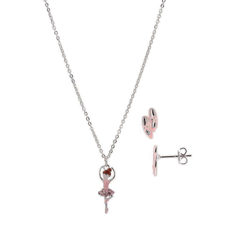 FAO Schwarz Silver Tone Crystal Ballerina Pendant Necklace & Stud Earrings Set, Womens, Pink Product Image