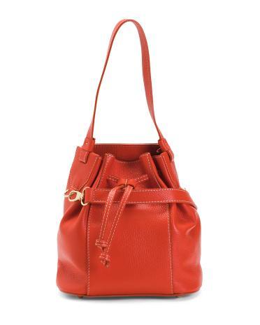 Leather Drawstring Bucket Bag for Women | Leather/Metal Product Image