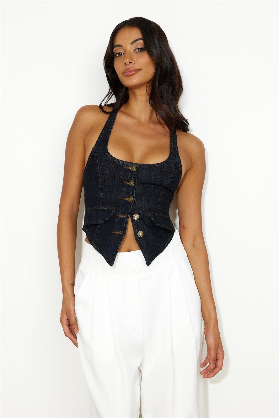 LIONESS NYC Halter Top Dark Denim Product Image