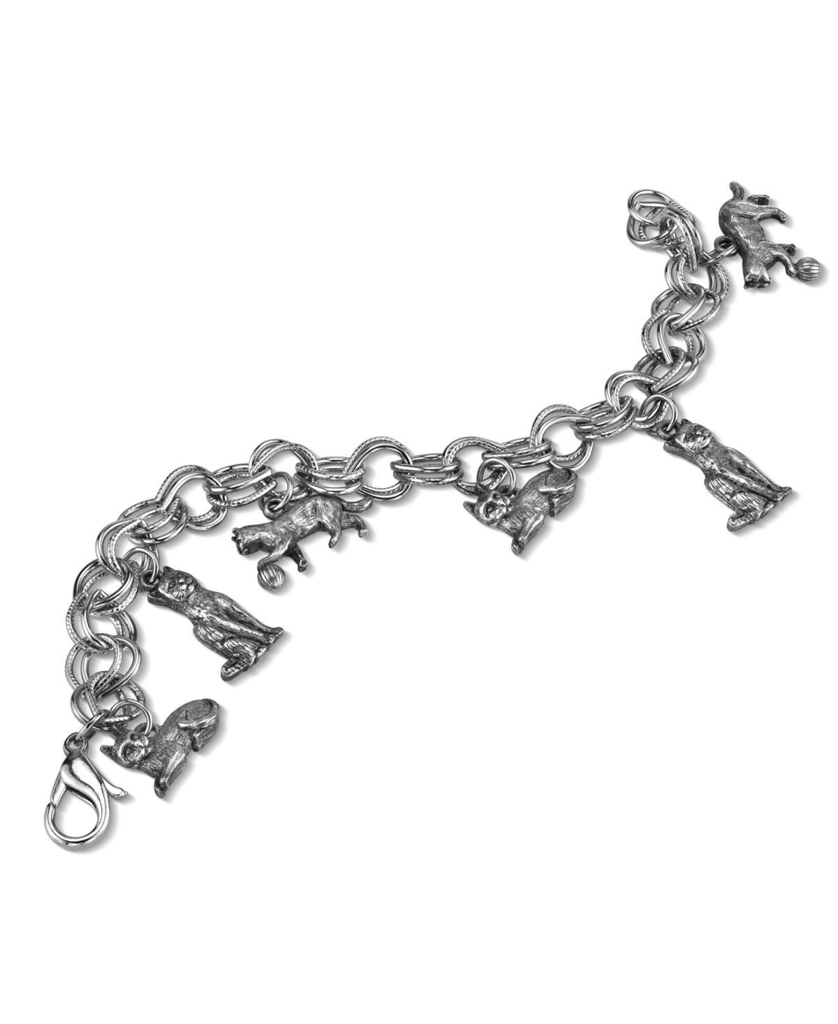 1928 Jewelry Silver Tone Antiqued Kitty Cat Charm Bracelet, Womens, Grey Product Image