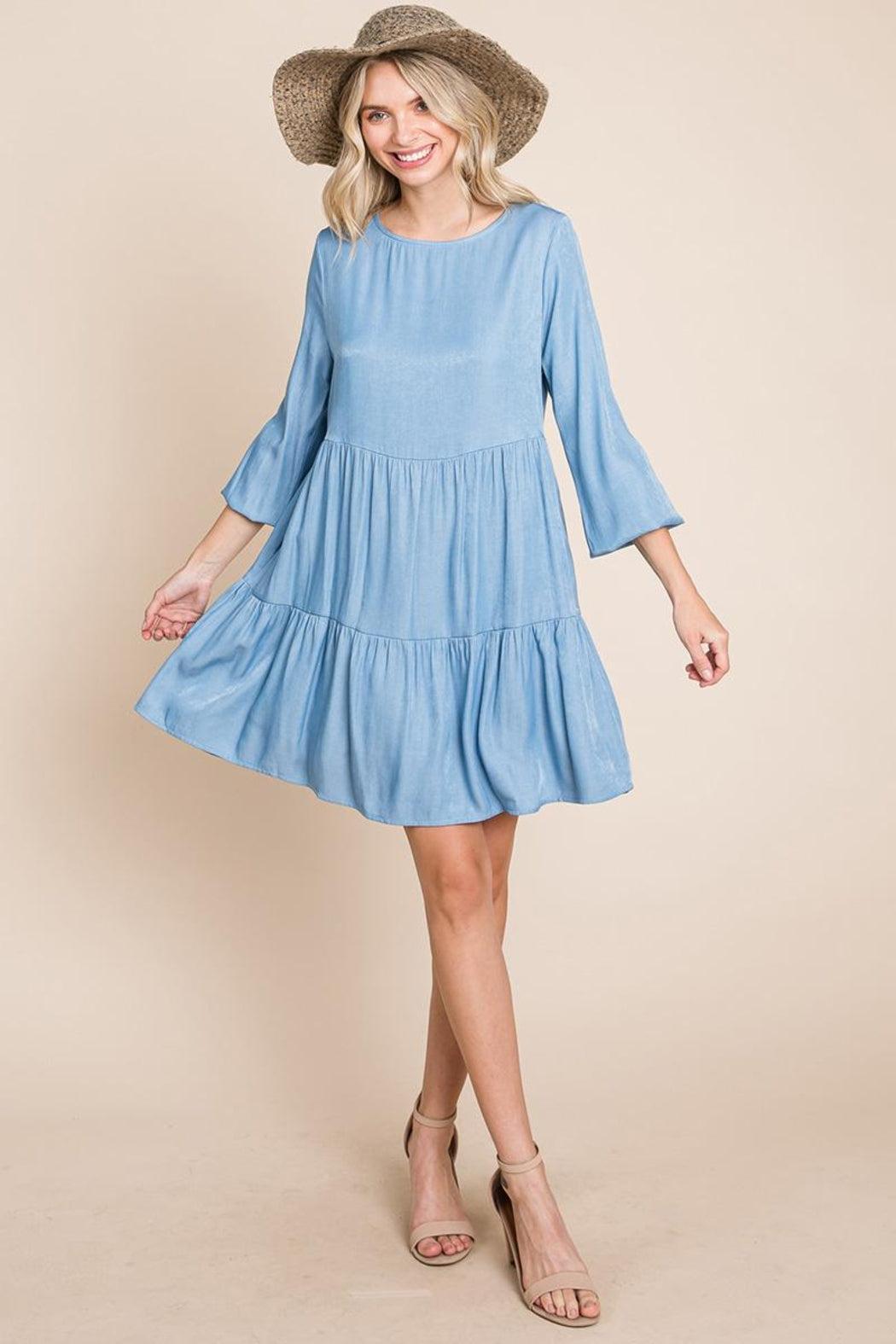 Chambray Pleated Tiered Long Sleeve Dress Product Image