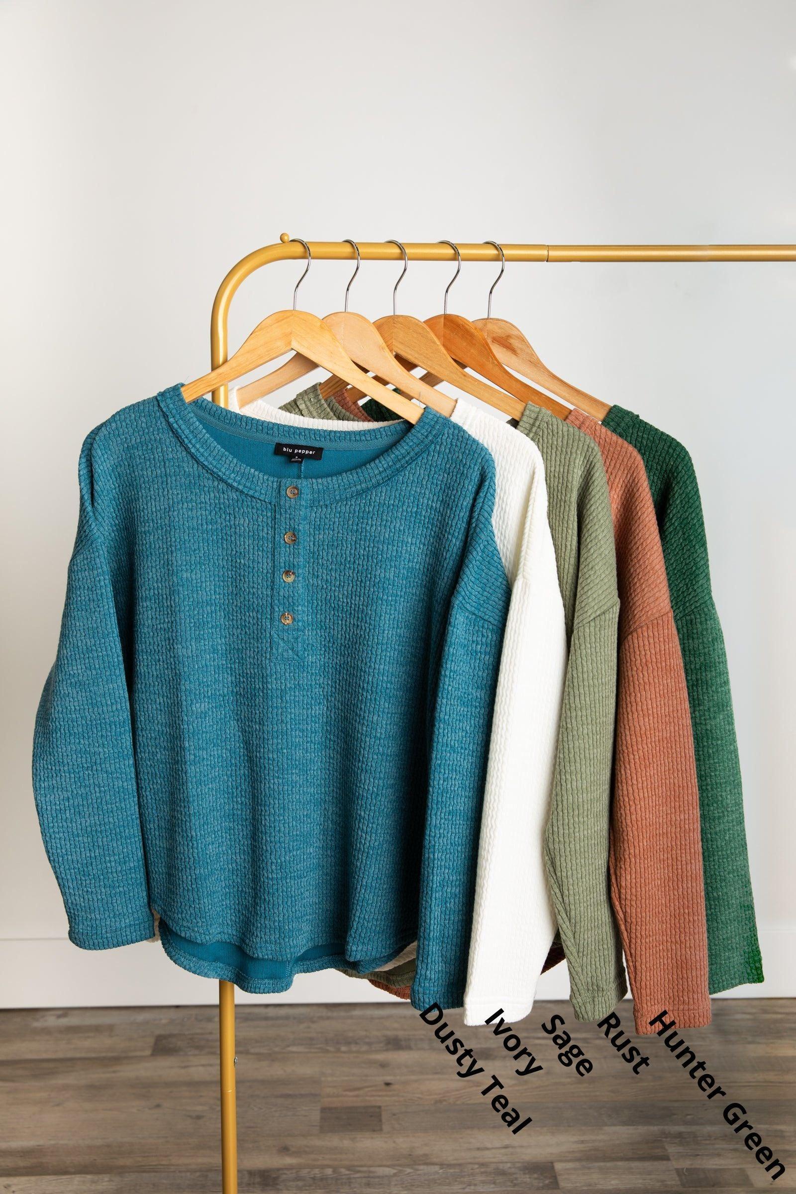 Waffle Knit Henley Long Sleeve Knit Top Product Image