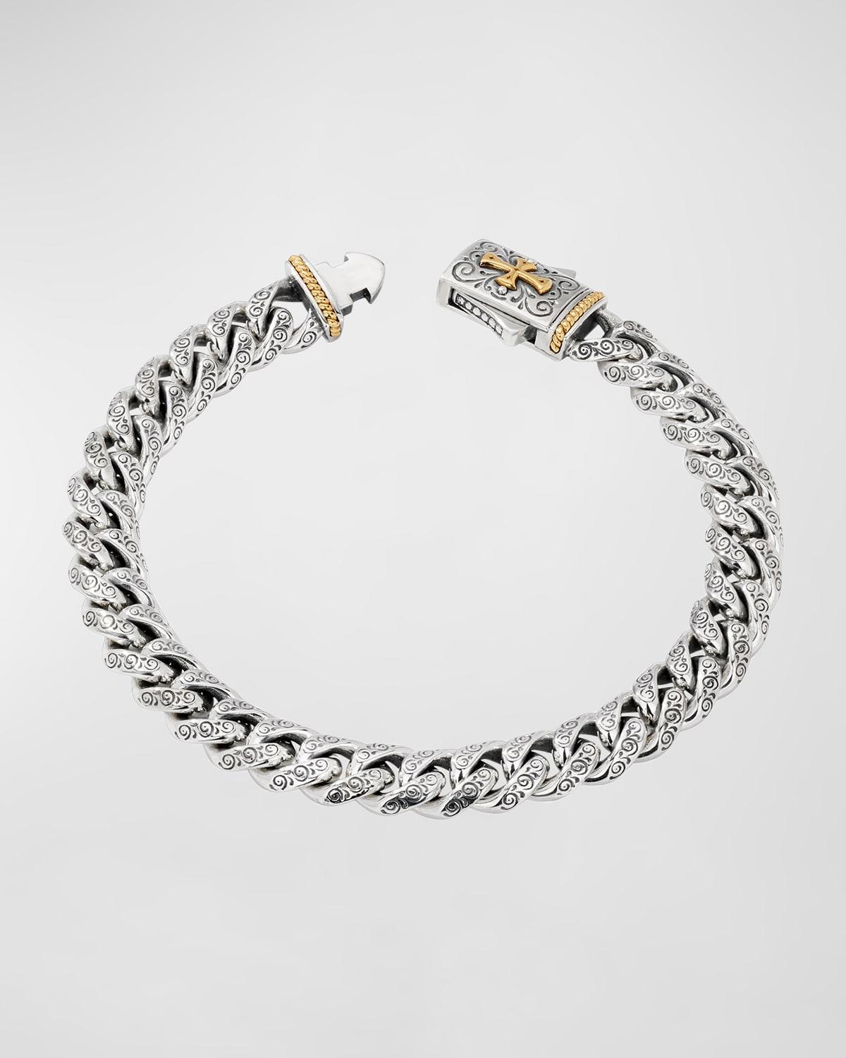 Mens Engraved Silver Chain Bracelet with 18k Gold Cross Product Image