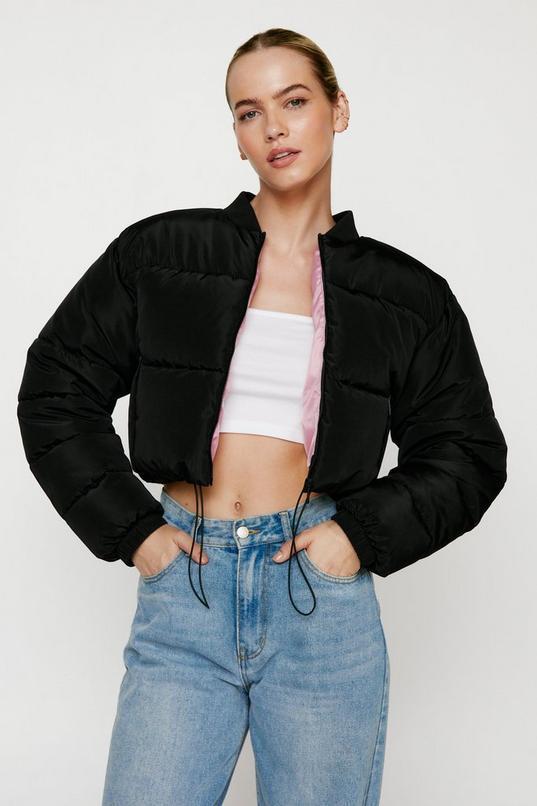 Cropped Drawstring Waist Padded Bomber Jacket Product Image