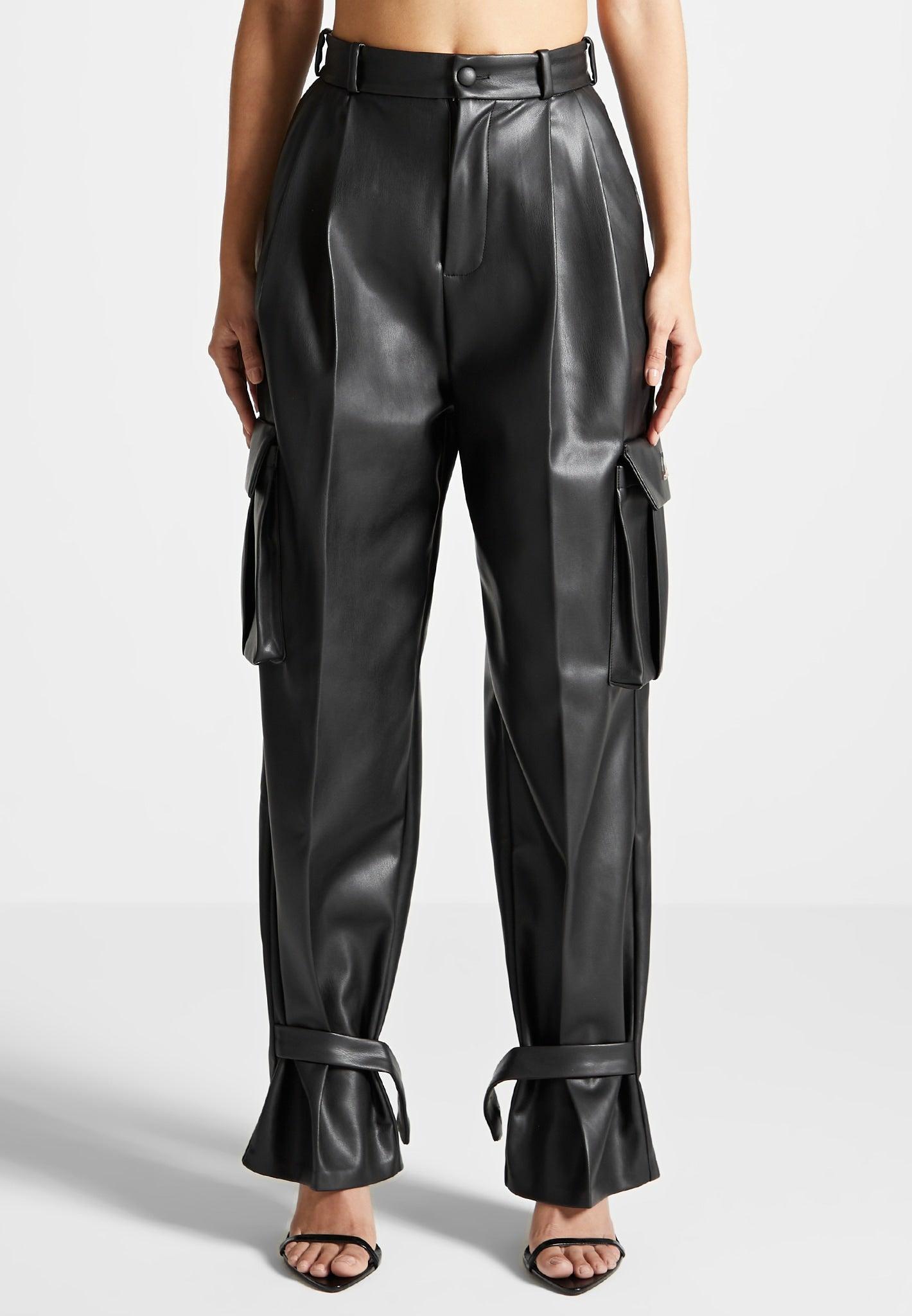 Vegan Leather Pleated Cargo Trousers - Black Female Product Image