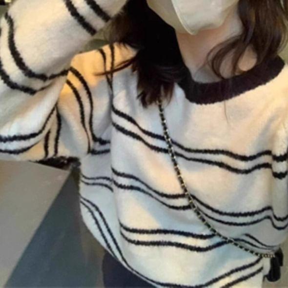 Crew Neck Striped Oversized Sweater Product Image