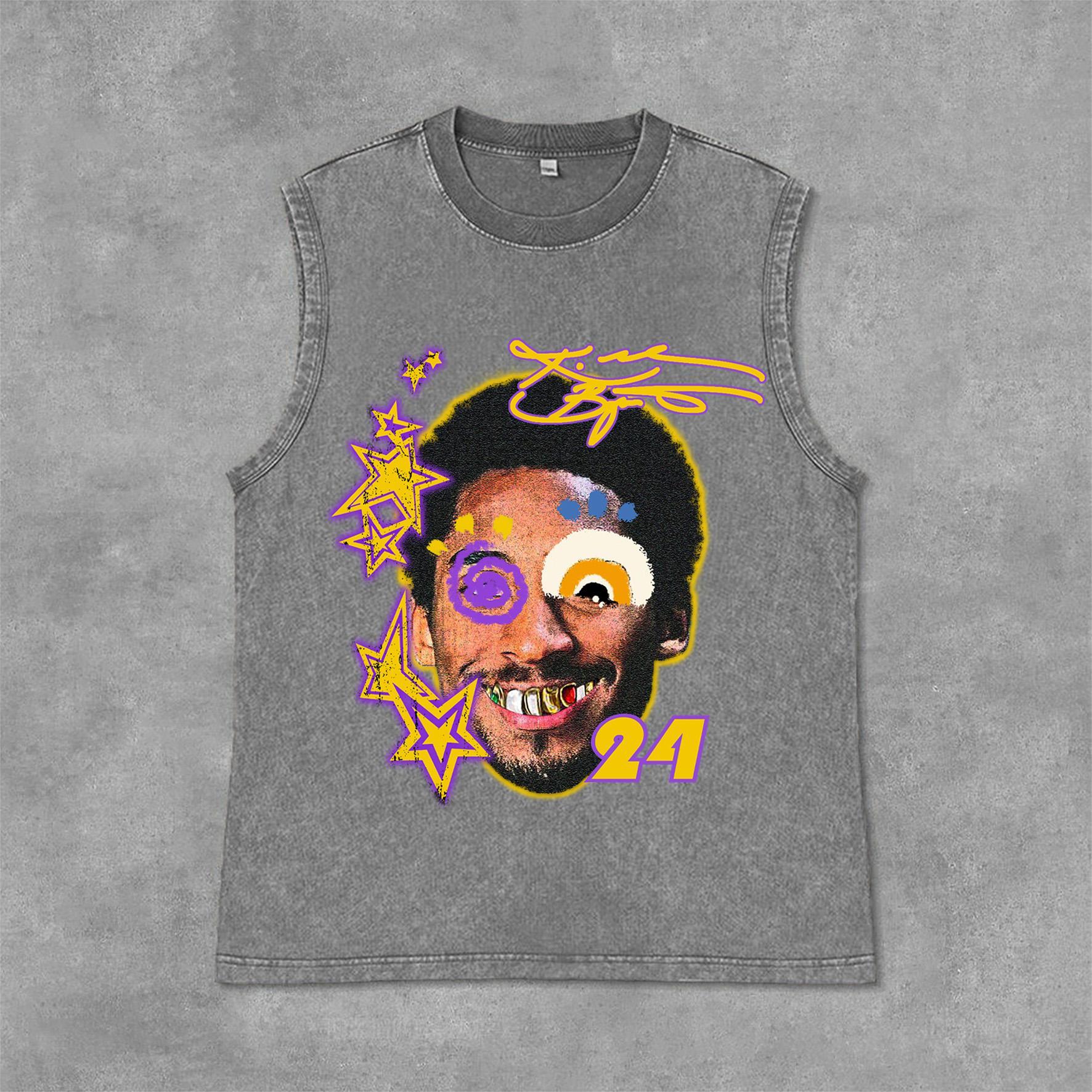 Retro Kobe Bryant Graffiti Portrait Graphic Print Acid Washed Sleeveless Tank Top Product Image