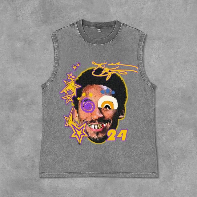 Retro Kobe Bryant Graffiti Portrait Graphic Print Acid Washed Sleeveless Tank Top Product Image