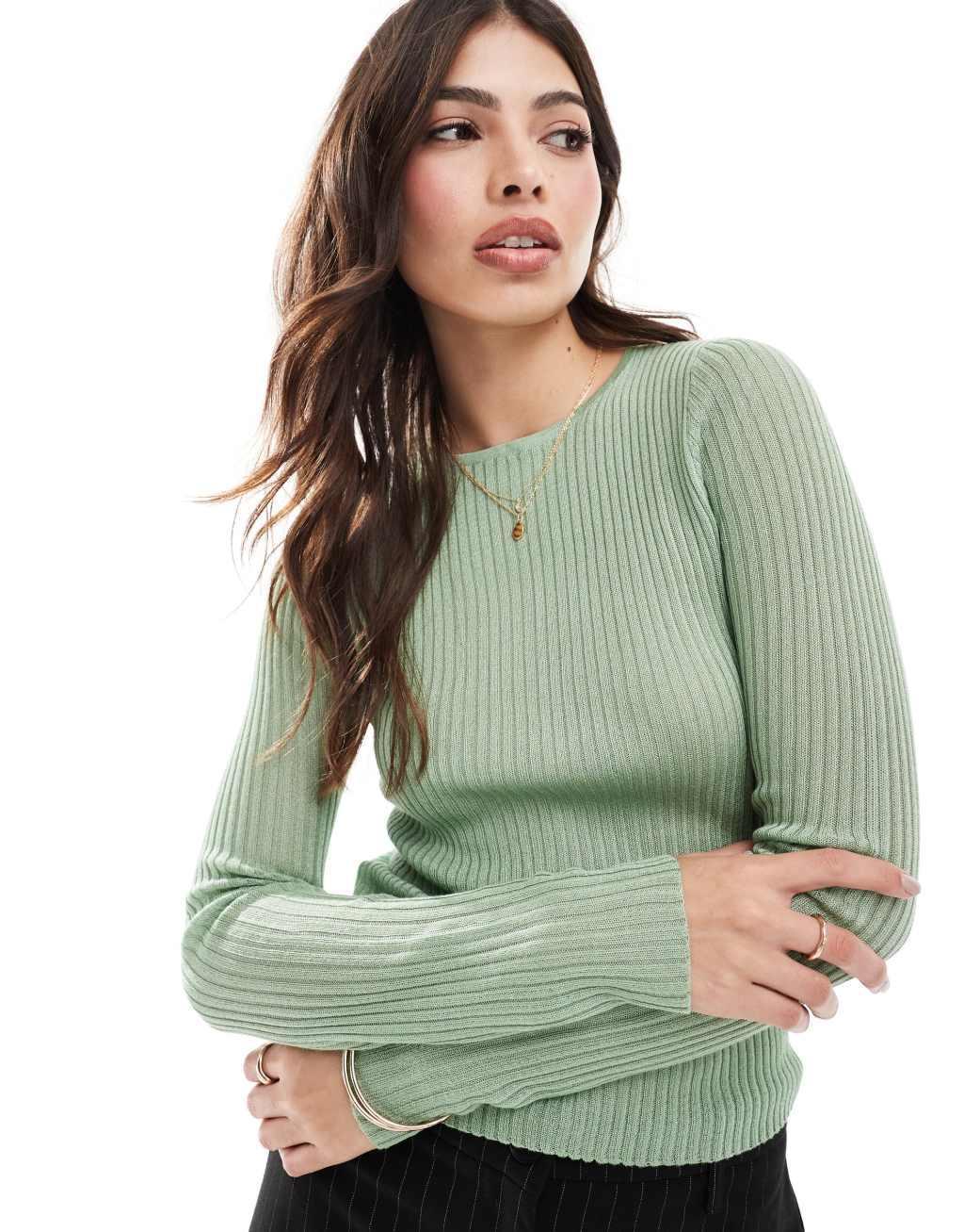 Mango fine knit ribbed sweater in sage green Product Image