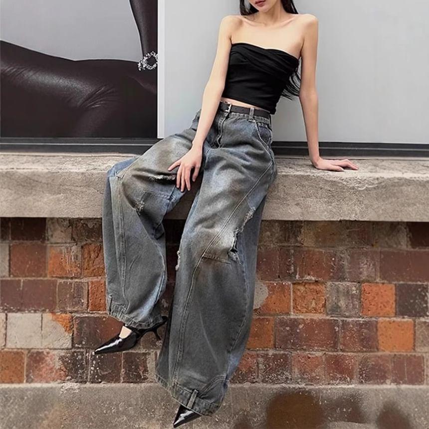 High Rise Washed Ripped Wide Leg Jeans Product Image