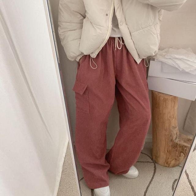 Drawstring Waist Plain Corduroy Wide Leg Cargo Pants Product Image