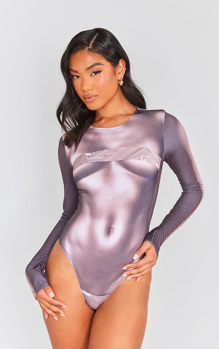 Grey Body Print Long Sleeve Bodysuit Product Image