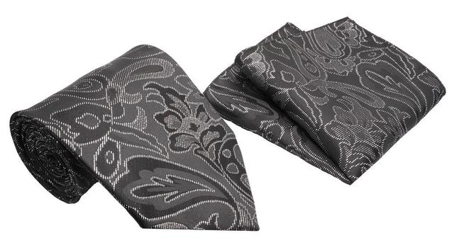 Black Silver Dashed Lined Paisley Pattern Men's Classic Tie and Pocket Square Set Product Image