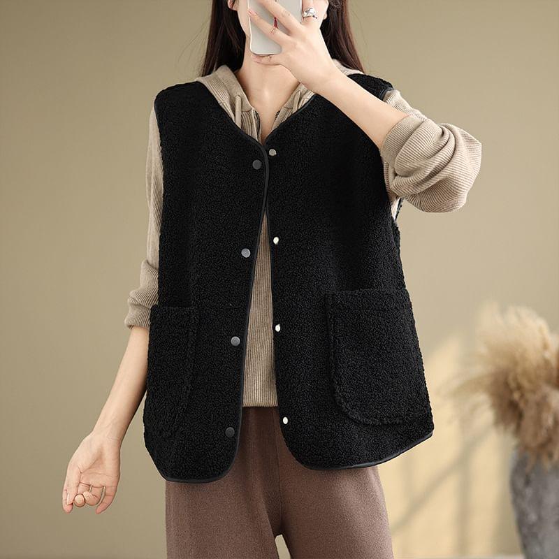 V-Neck Plain Fleece Single Breasted Vest Product Image